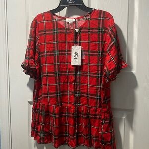 Andree by Unit • Red Tartan Plaid Babydoll Short Sleeve Blouse Size M  ( D- 2)
